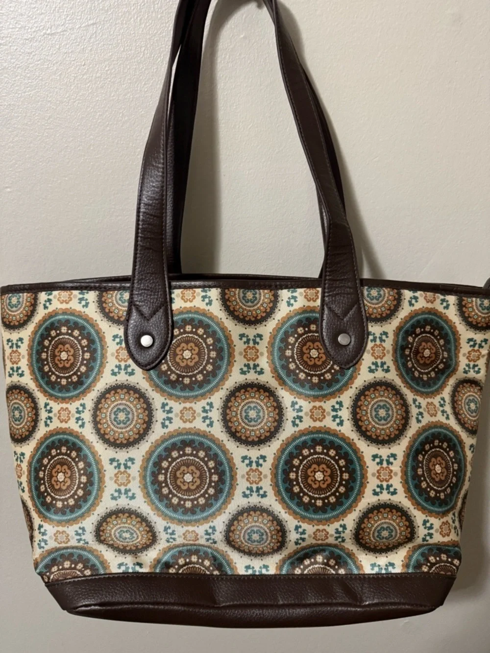 Bella Canvas Cream Tote with Teal and Brown Medallion Print